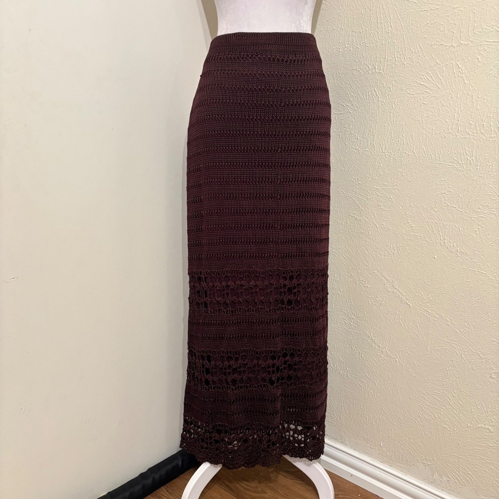 Chicos Boho Brown Crochet Open Knit Maxi Skirt Scalloped Hem Lined Size 16 XL